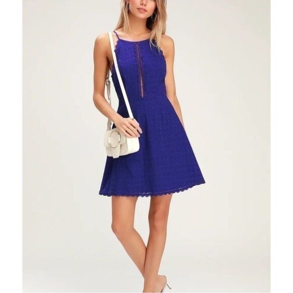 Lulus Let Your Heart Go Cobalt Blue Eyelet A-Line Mini Dress Size M - Picture 3 of 14